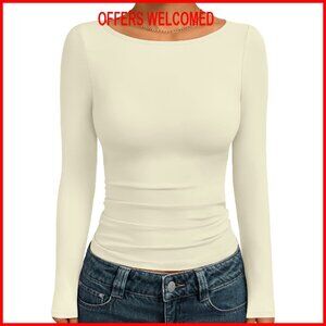 Long Sleeve Boat Neck Fitted Tee, Polyester Spandex Blend, Casual Basic Top